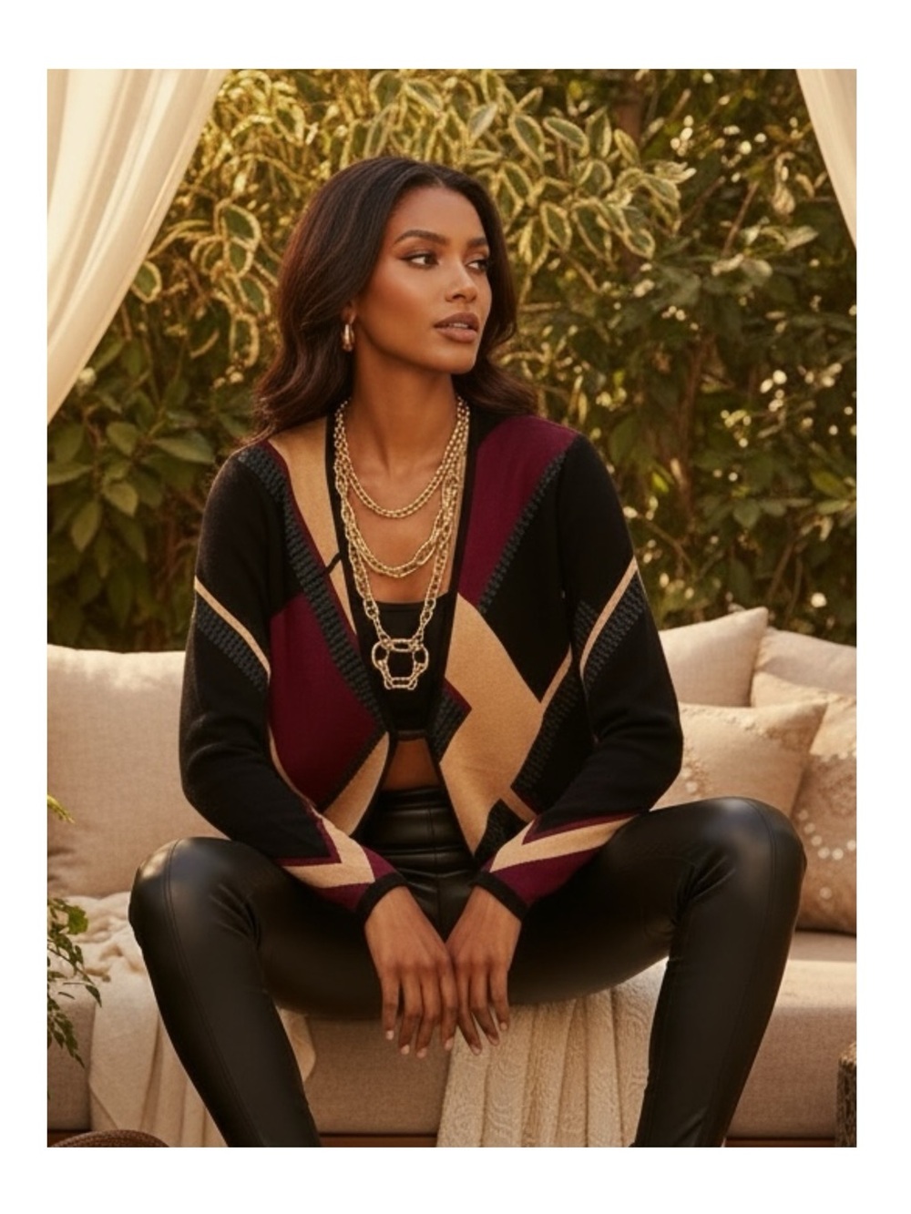 Ellen Tracy ❉ Silk Print Sequin Trim Cardigan Sweater ❉ Mahogany Sand ❉ Medium